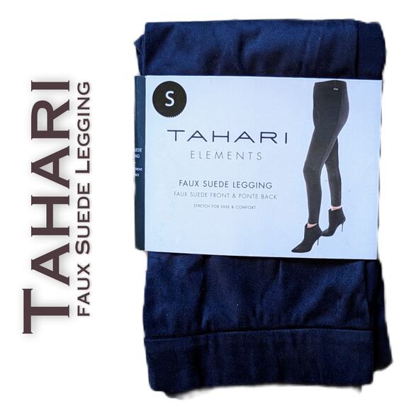 Tahari Elements Faux Suede Leggings Small Dark Blue Stretch Ankle Solid NEW - Picture 1 of 5